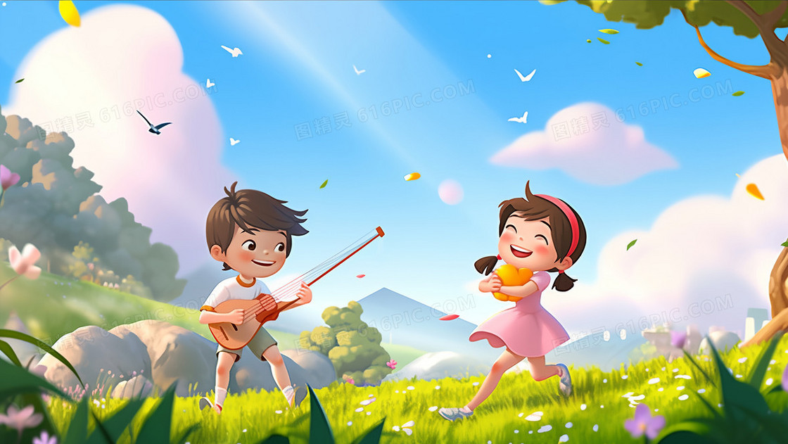 超级可爱的男孩女孩在草坪上开心的玩游戏