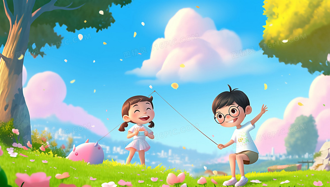 超级可爱的男孩女孩在草坪上开心的玩游戏插图