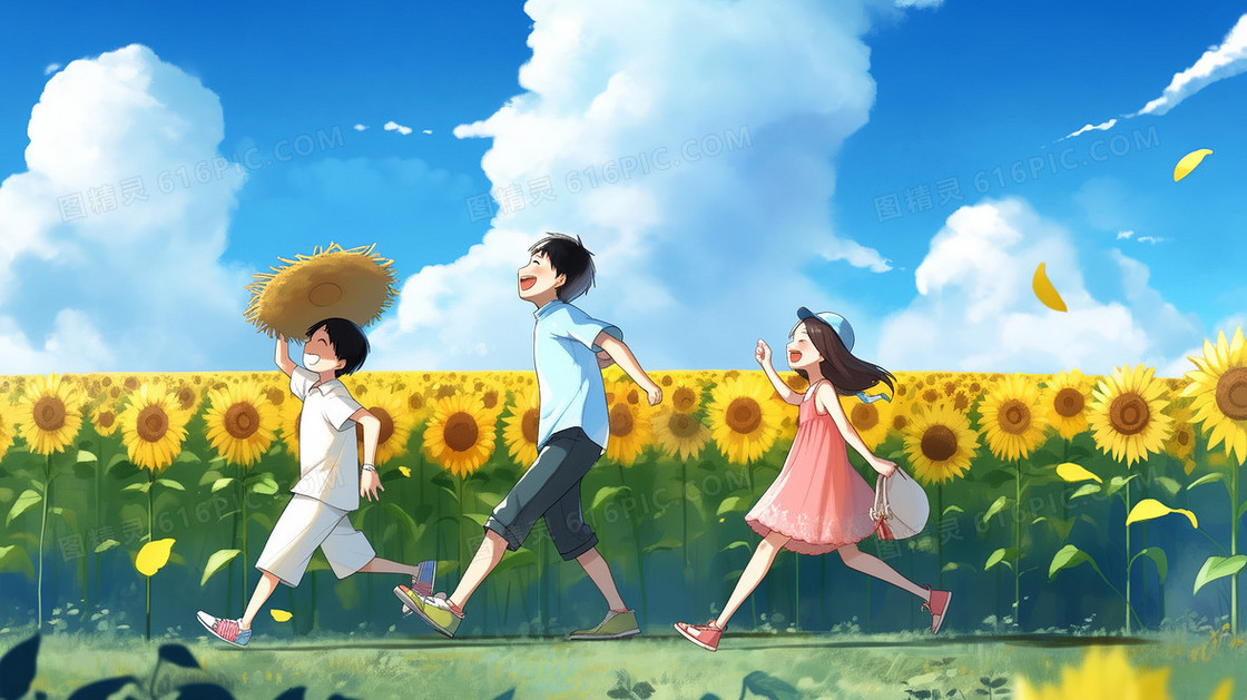 孩子们在美丽的向日葵花海前奔跑