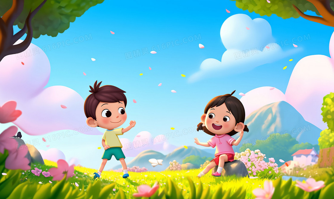 超级可爱的男孩女孩在草坪上开心的玩游戏配图