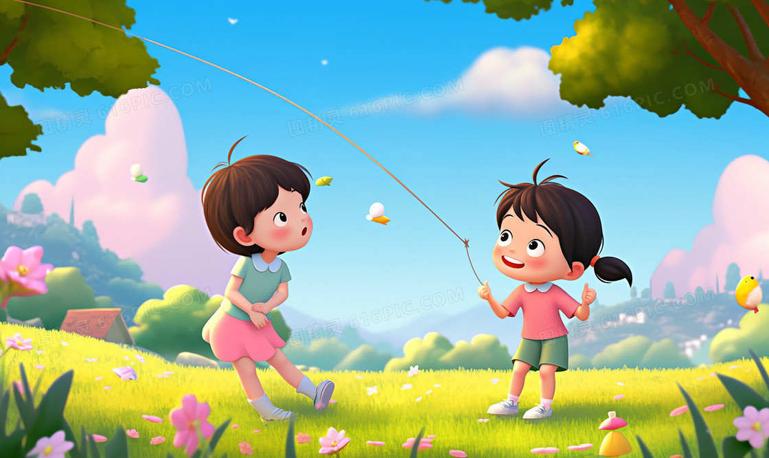 超级可爱的男孩女孩在草坪上开心的玩游戏创意插画