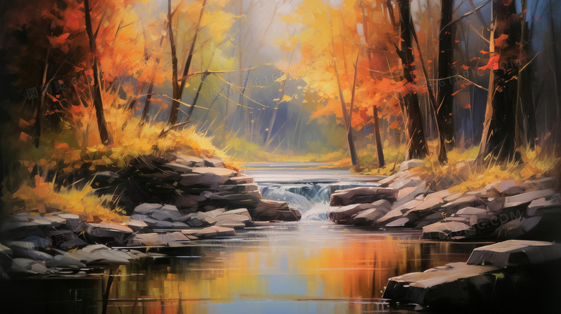 油画秋天森林里的河流
