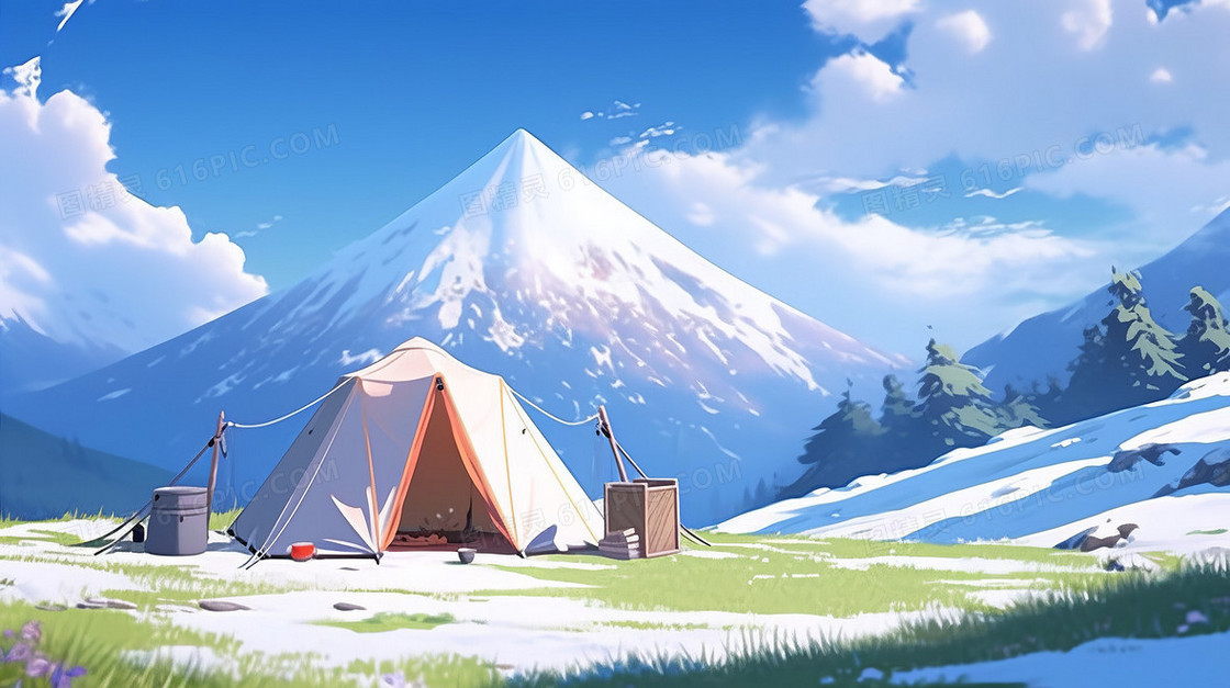 卡通唯美冬季被冰雪覆盖的草地和帐篷