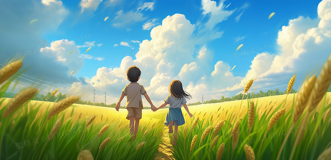 两个小朋友手牵手站在蓝天白云下的绿色麦田中