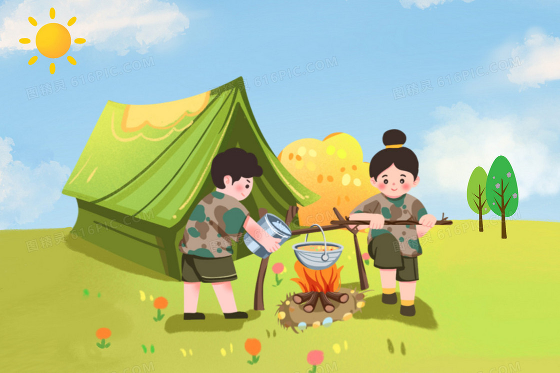 新学期学生军训系列之户外野营插画