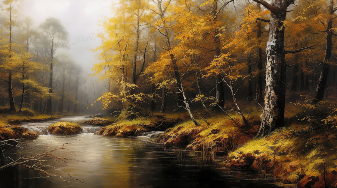 秋季森林里河流风景油画