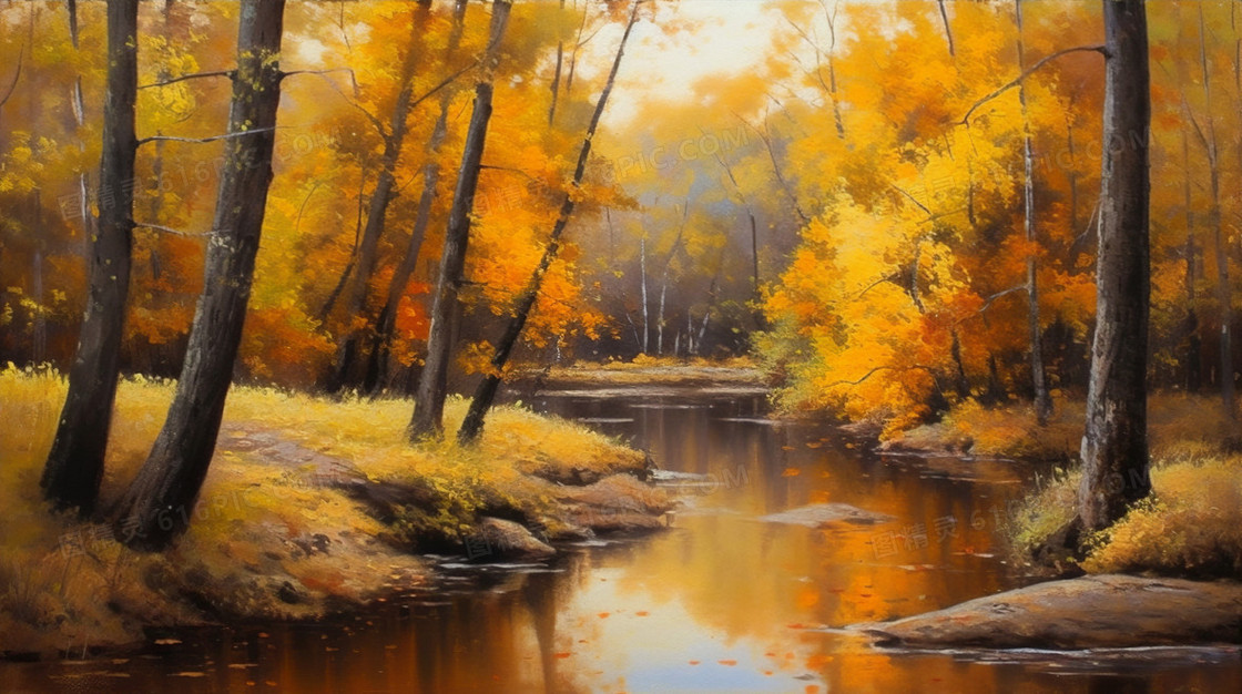秋天森林里河流风景油画