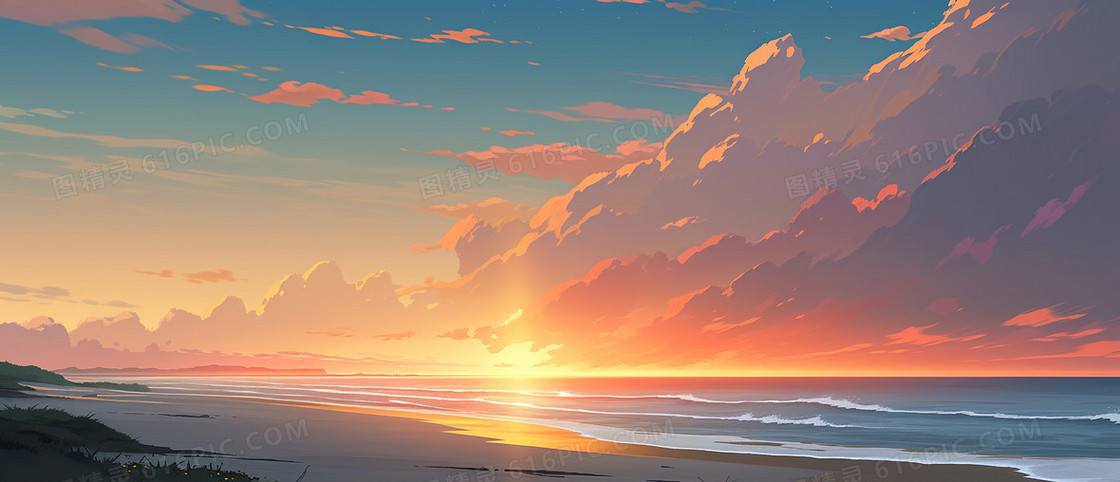 夕阳下美丽的海面与天空