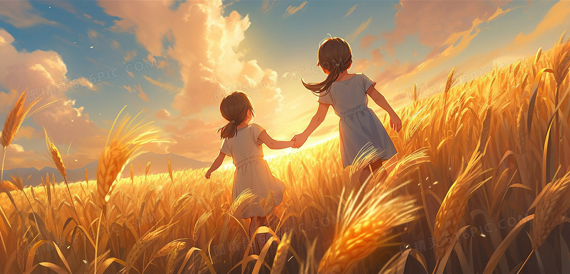 卡通两个小朋友牵手走在金色的麦田中