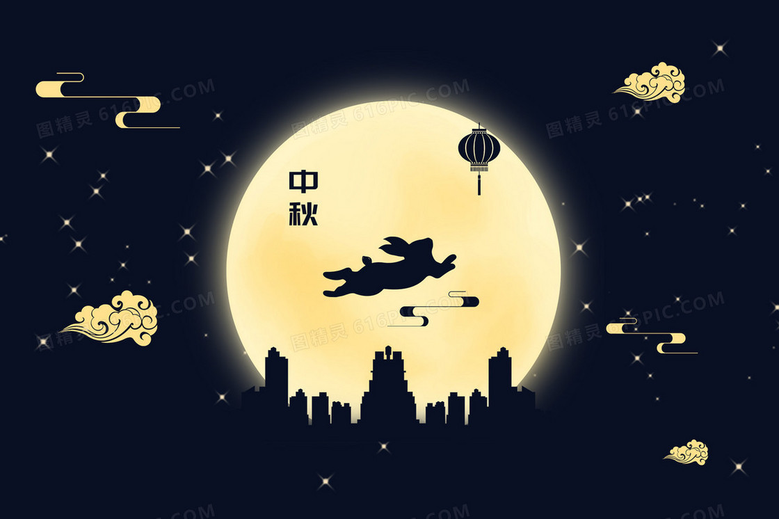 中秋月亮下玉兔国潮剪纸风插画
