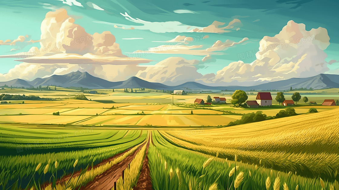 绿色夏季乡村田野自然风景插画