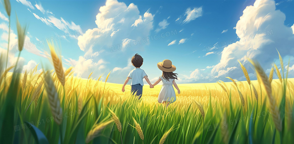 清新卡通两个小朋友站在绿色的麦田中