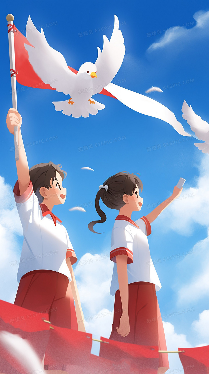 女学生站在蓝天白云白鸽对着红旗宣誓