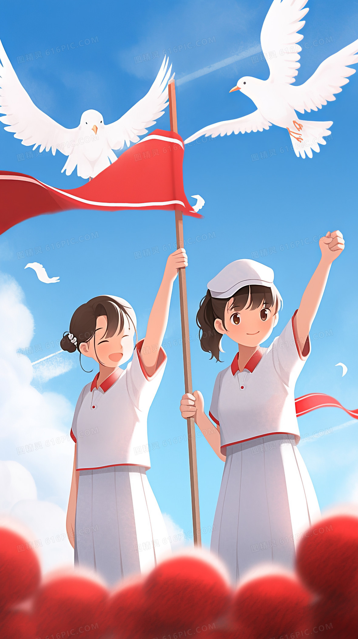 女学生站在蓝天白云白鸽对着红旗宣誓背景图片下载_1632x2912像素jpg