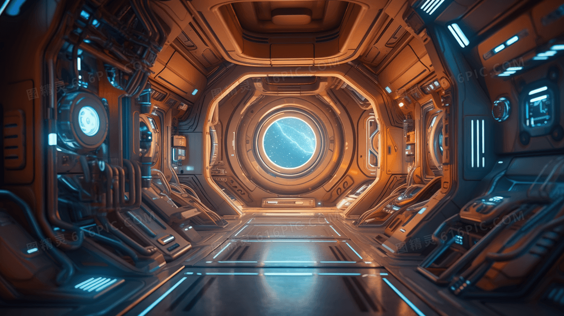 未来世界宇宙飞船舱内视角创意插画