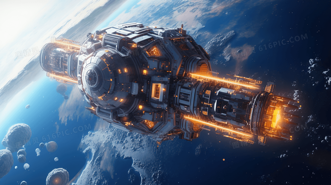 蓝色科技空间站卫星插画