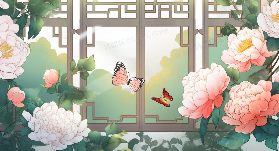 古色古香中国风窗户唯美大气牡丹花创意插画
