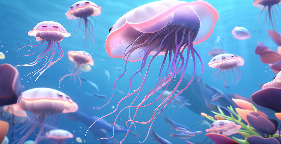 海底世界可爱的3D动画风海洋动物创意插画