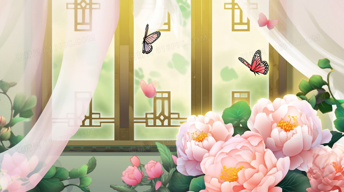 古色古香中国风窗户唯美大气牡丹花创意插画