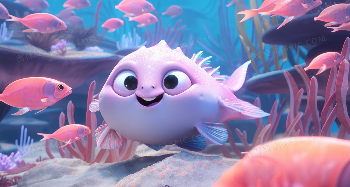 海底世界可爱的3D动画风海洋动物创意插画