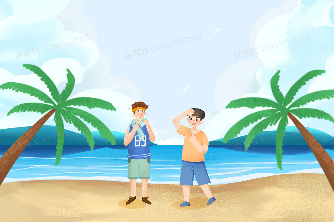 夏天暑假三亚男生高温擦汗插画