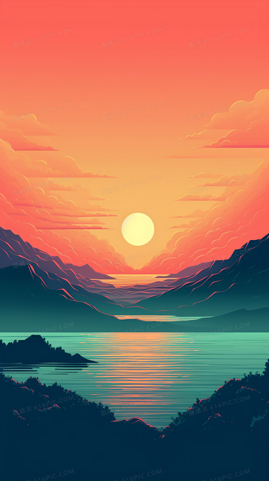 彩色极简风唯美晚霞湖边风景极简创意插画 