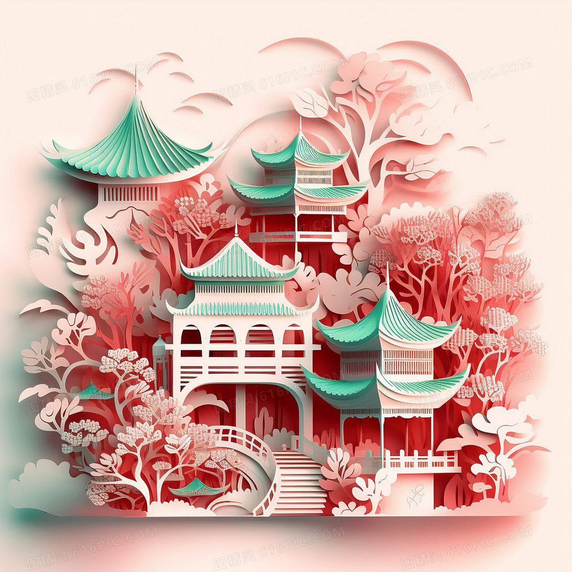 中国风红绿撞色亭台楼阁园林建筑创意剪纸插画