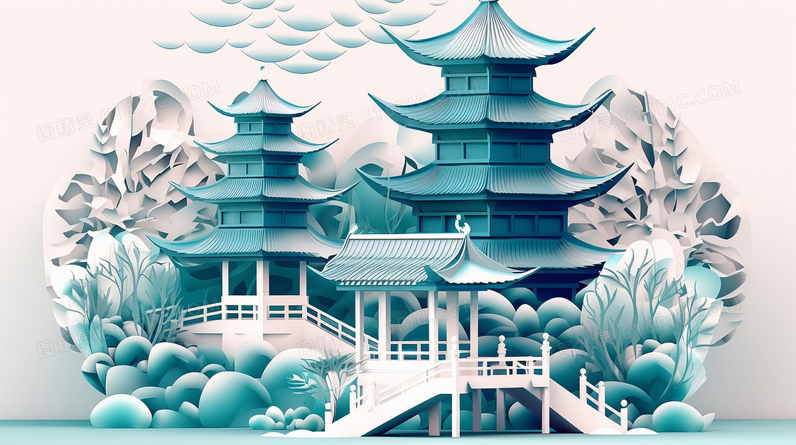 雅致蓝色中国风亭台楼阁园林建筑创意剪纸插画