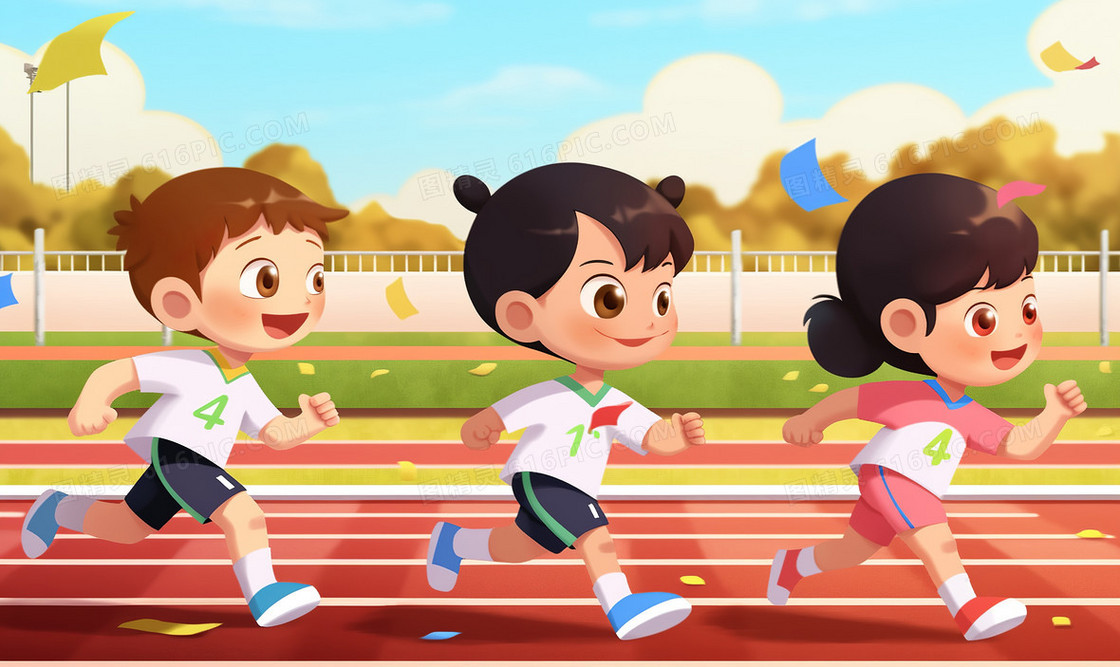 学校运动会可爱的小朋友努力跑向终点创意插画