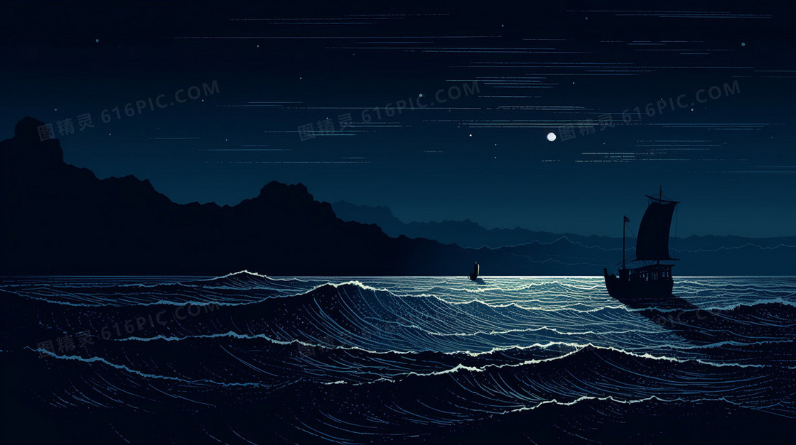 暗蓝色极简风夜晚海边风景创意插画