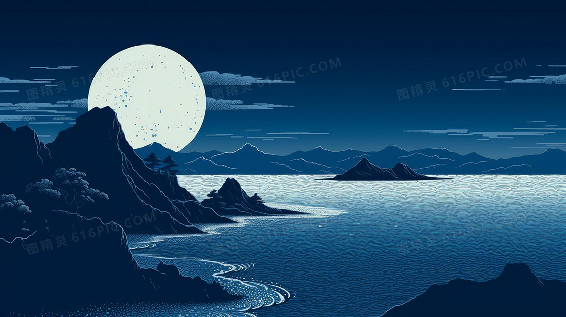 暗蓝色极简风夜晚海边风景创意插画