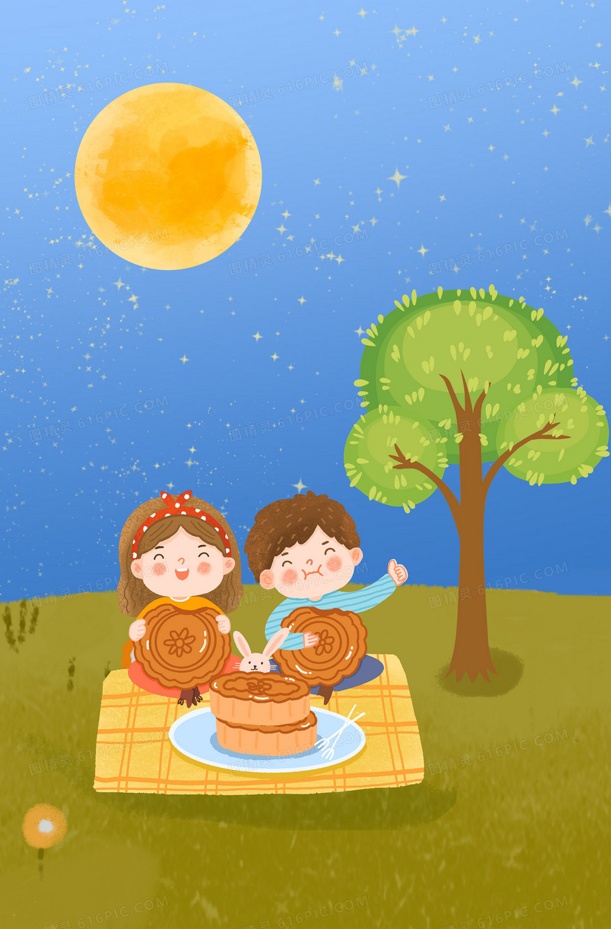 中秋节孩子在户外吃月饼背景插画