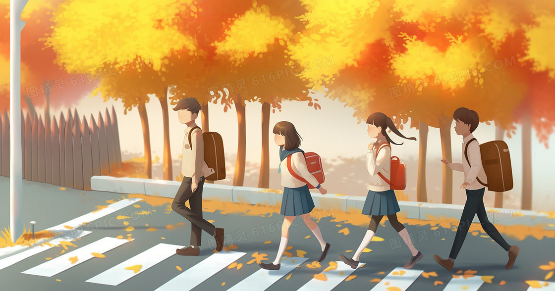 新学期一群学生走在上学的路上创意插画