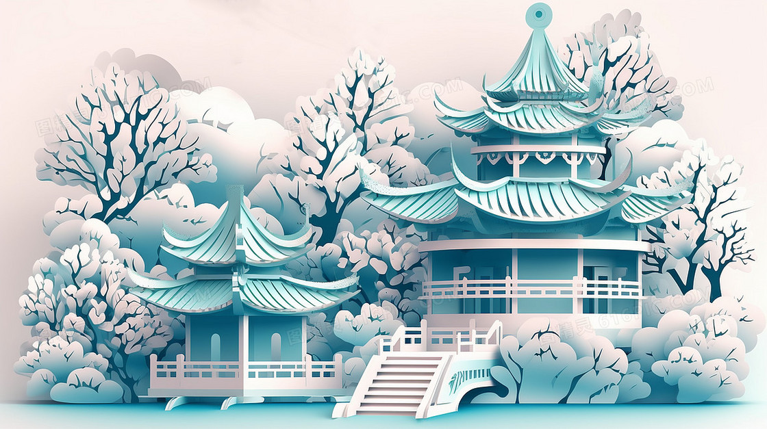 雅致蓝色中国风亭台楼阁园林建筑创意剪纸插画
