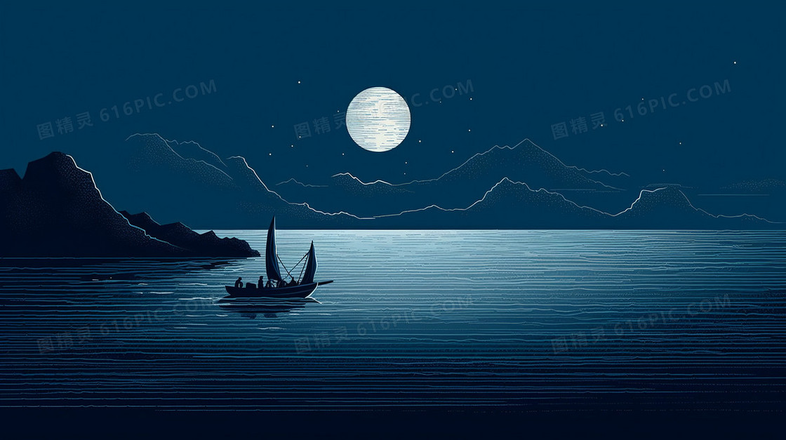 暗蓝色极简风夜晚海边风景创意插画