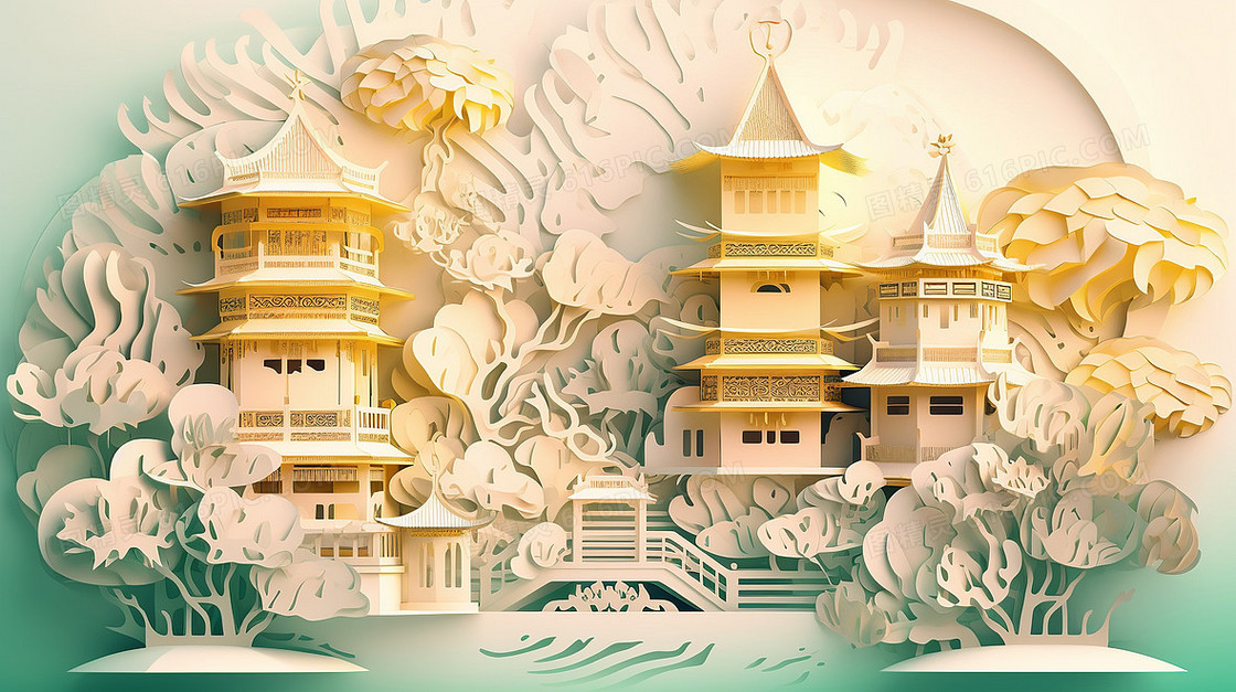 奢华金色中国风亭台楼阁园林建筑创意剪纸插画