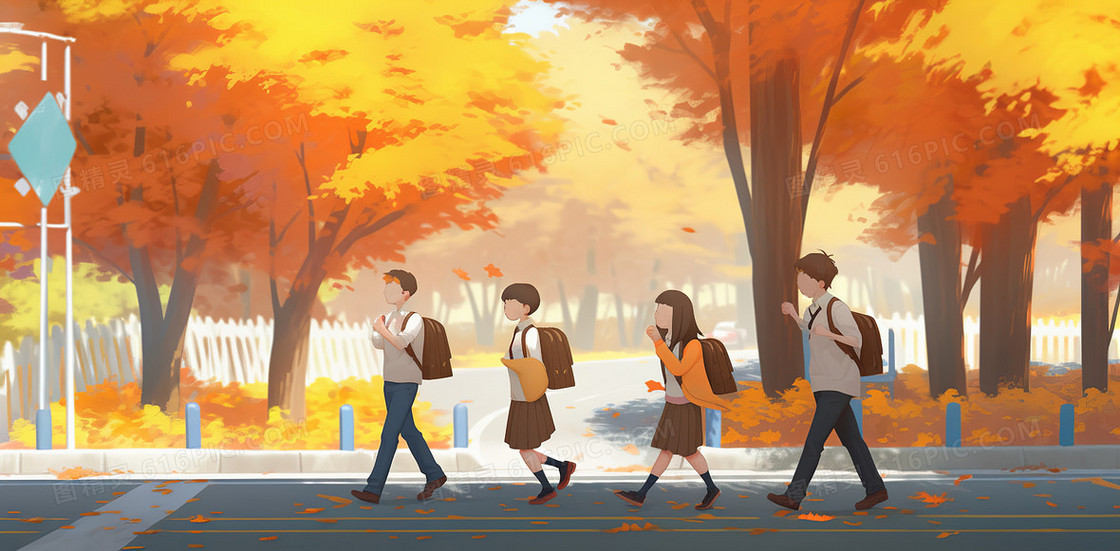 新学期一群学生走在上学的路上创意插画