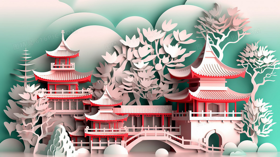 中国风红绿撞色亭台楼阁园林建筑创意剪纸插画