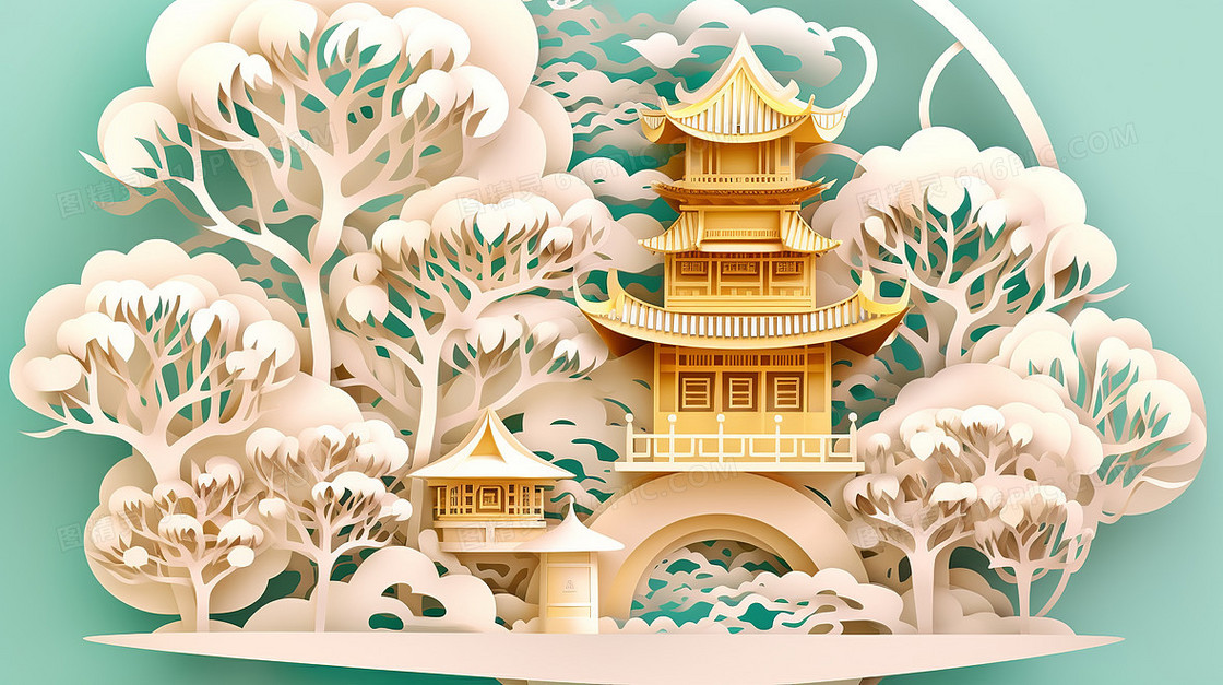 奢华金色中国风亭台楼阁园林建筑创意剪纸插画