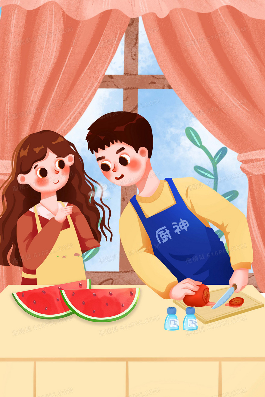 情侣做饭厨艺大赛卡通手绘插画