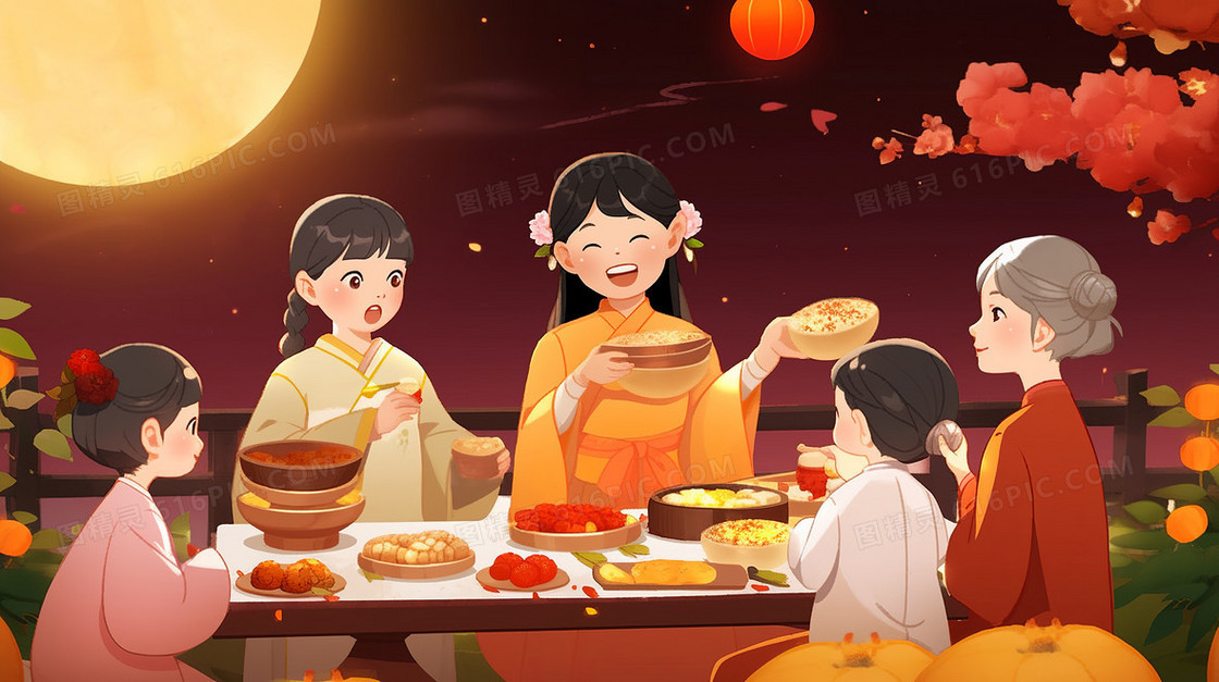 八月十五中秋节一家人团聚赏月中国传统节日创意插画