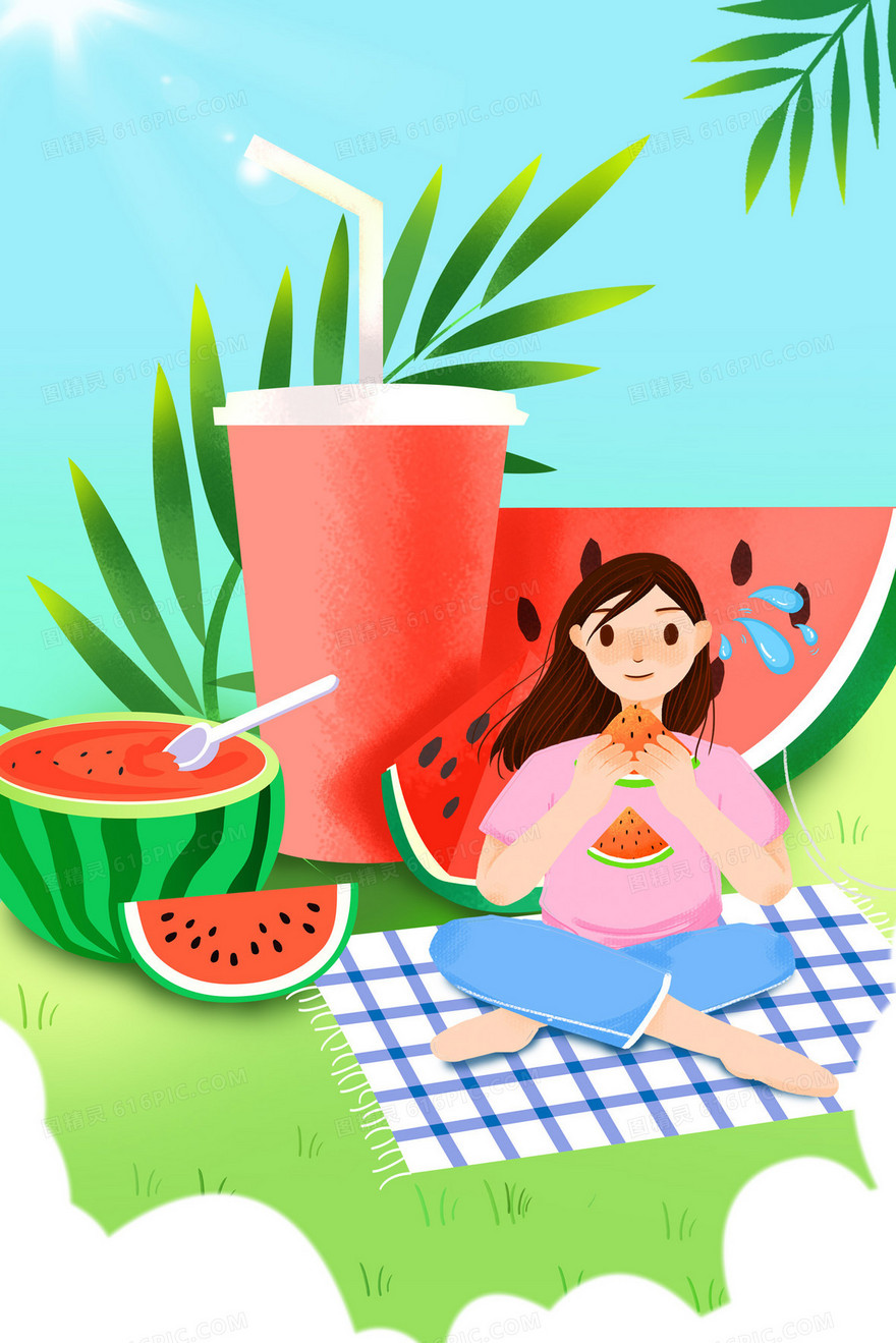 炎热夏季女孩吃西瓜喝冰饮解暑创意插画