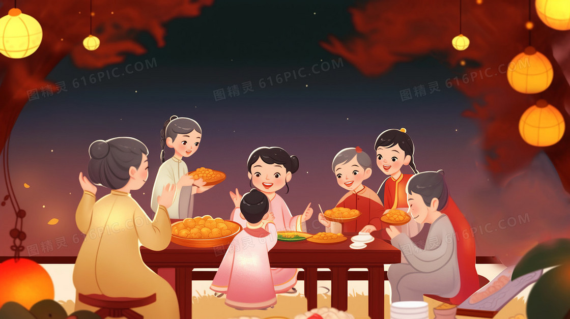 八月十五中秋节一家人团聚赏月中国传统节日创意插画