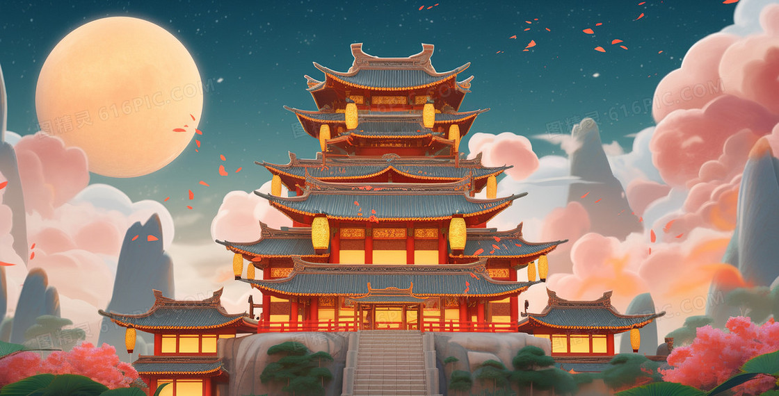 大气国潮风中国建筑云彩环绕中秋节创意节日插画