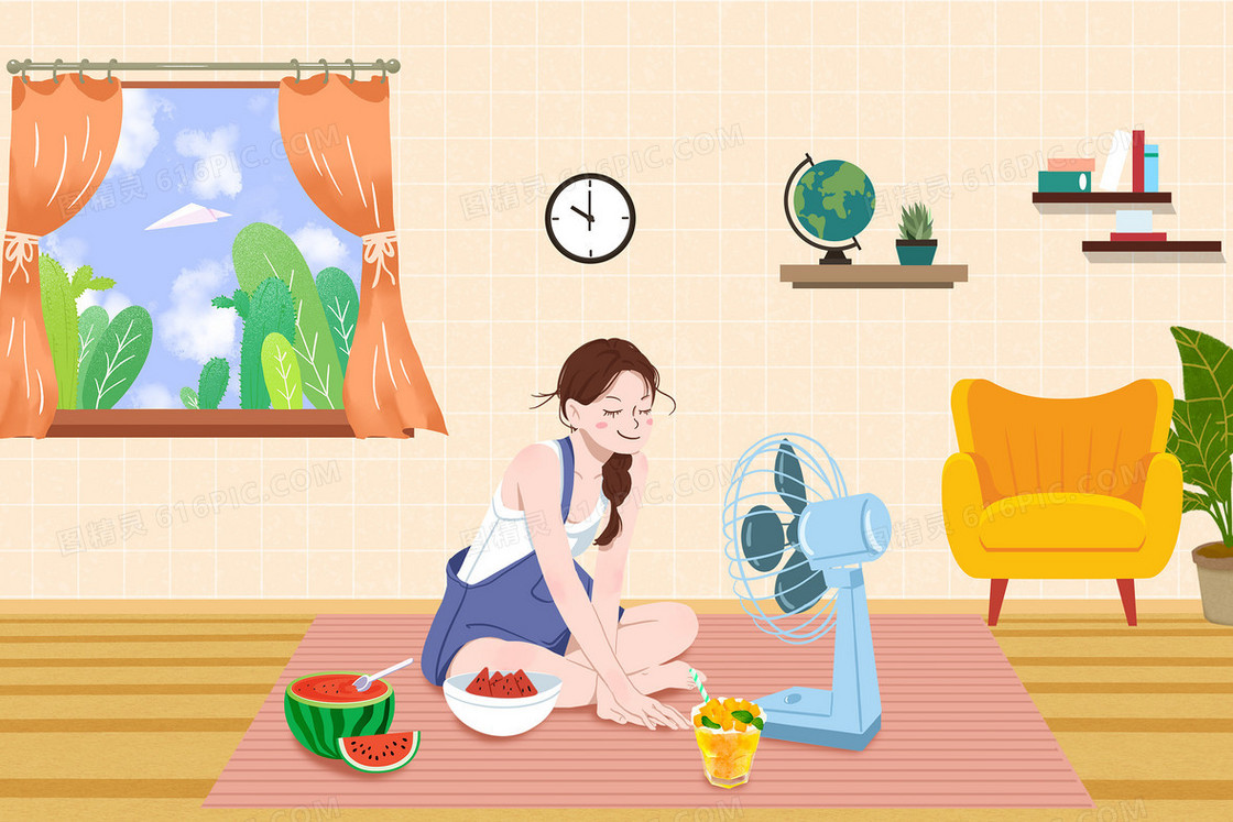 夏季女孩室内吃西瓜吹风扇解暑插画