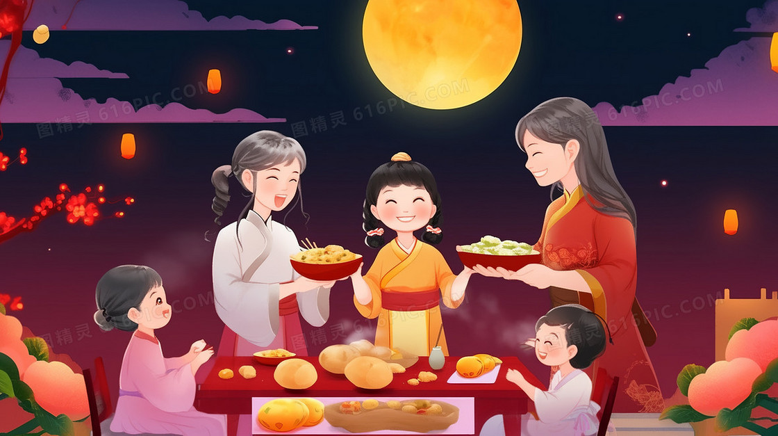 八月十五中秋节一家人团聚赏月中国传统节日创意插画
