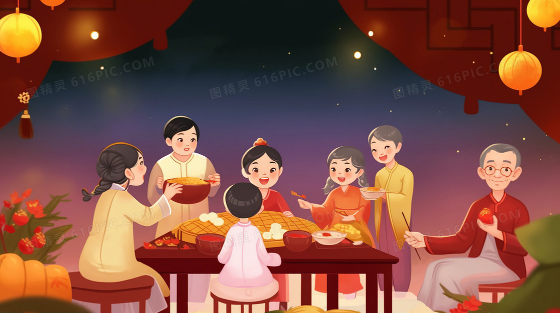 八月十五中秋节一家人团聚赏月中国传统节日创意插画