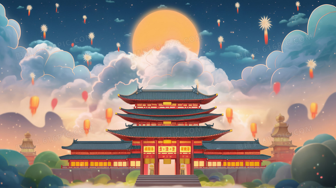 大气国潮风中国建筑云彩环绕中秋节创意节日插画