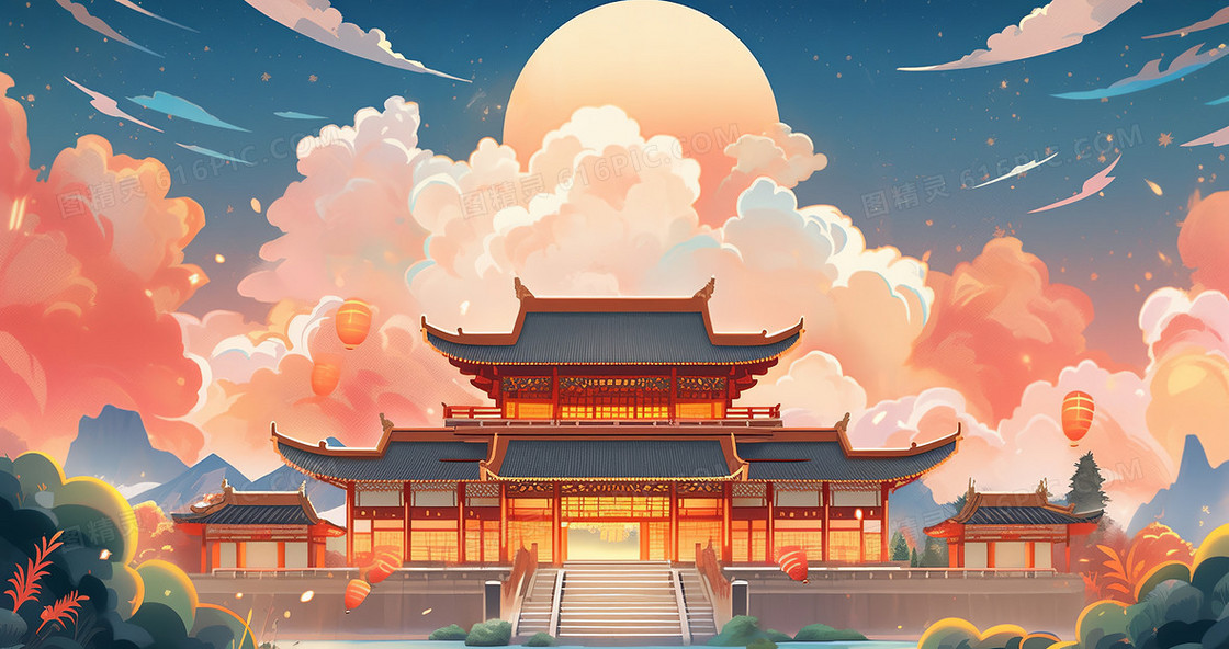 大气国潮风中国建筑云彩环绕中秋节创意节日插画