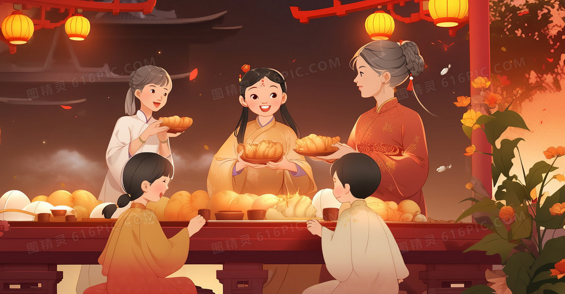 八月十五中秋节一家人团聚赏月中国传统节日创意插画